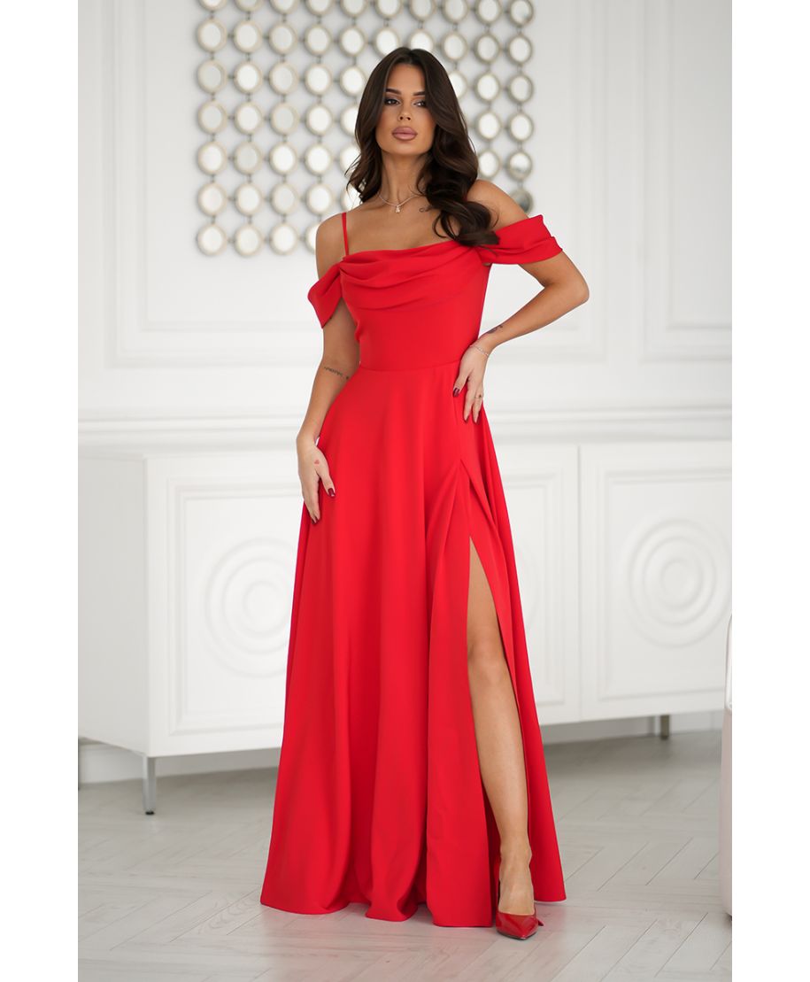 Abito elegante, lungo - Spacco sulla gamba - Spalline cadenti - Rosso