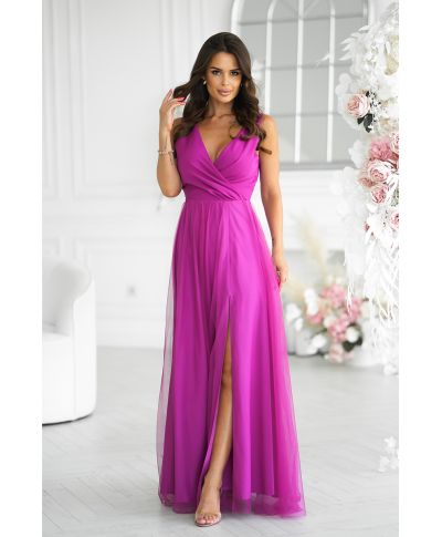 Abito elegante lungo - Spacco sulla gamba - Magenta