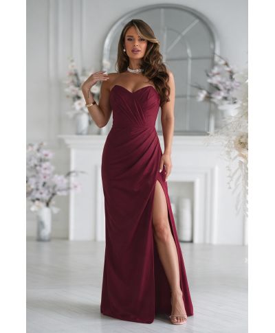 Abito lungo elegante bordeaux con corsetto e spacco –  LARISA - GOGOLFUN.IT