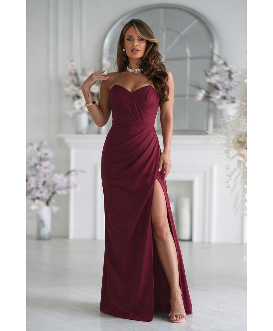 Abito lungo elegante bordeaux con corsetto e spacco –  LARISA - GOGOLFUN.IT