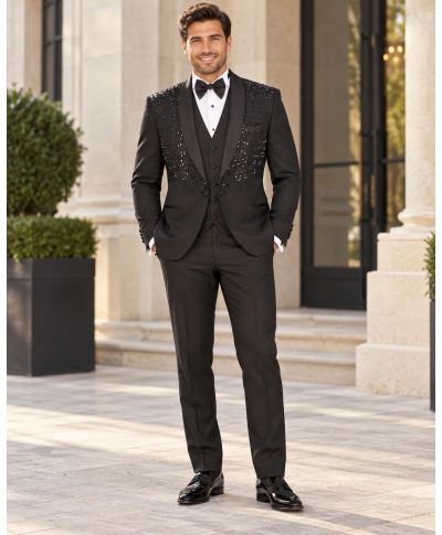 Smoking Uomo nero con strass argento - Modello Doha