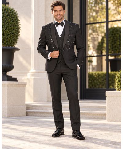 Smoking Uomo nero con strass argento - Modello Doha