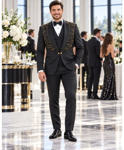 Smoking uomo nero, con strass dorati - Modello Doha
