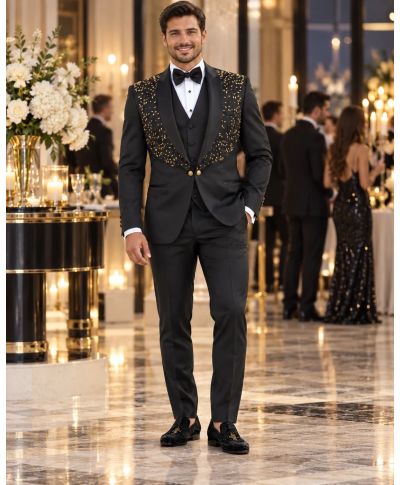 Smoking uomo nero, con strass dorati - Modello Doha