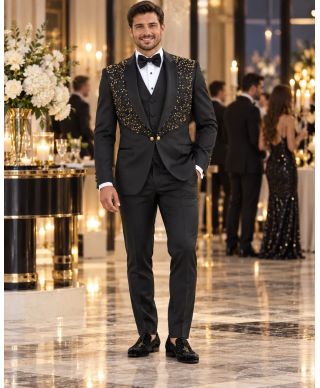 Smoking uomo nero, con strass dorati - Modello Doha