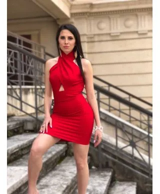 Vestito corto, rosso - Scollo all'americana