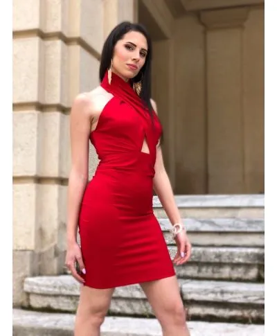 Vestito corto, rosso - Scollo all'americana