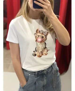 Tshirt donna bianca - Stampa con applicazioni