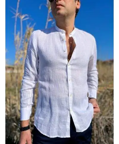 Camicia di lino, Bianca - Collo coreano - Key Jey