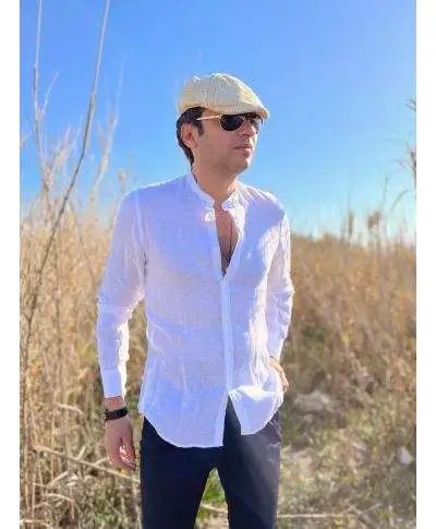 Camicia di lino, Bianca - Collo coreano - Key Jey