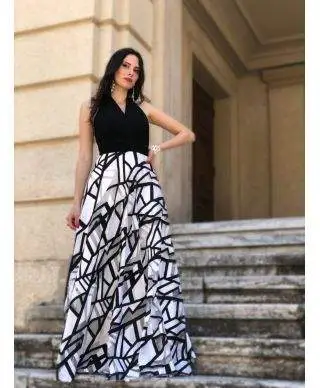 Vestito lungo elegante - Bianco e nero - Collo all'americana