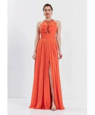 Vestito da cerimonia - Arancione - Con spacco