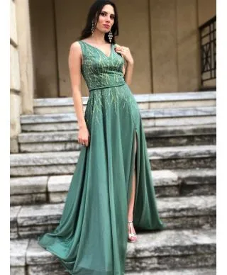 Vestito elegante - Lungo - Con spacco - Verde