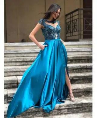 Vestito lungo con spacco - Turchese