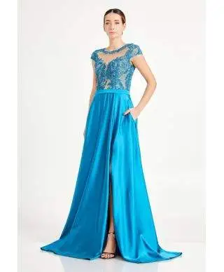 Vestito lungo con spacco - Turchese