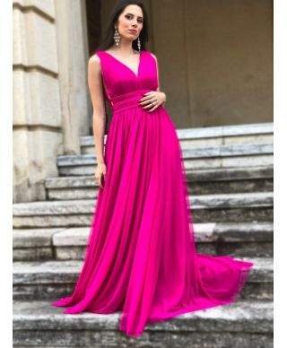 Vestito lungo elegante, fuxia - In tulle