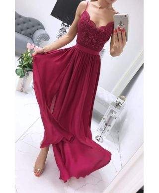 Vestito lungo con spacco - Corpetto decorato - Bordò