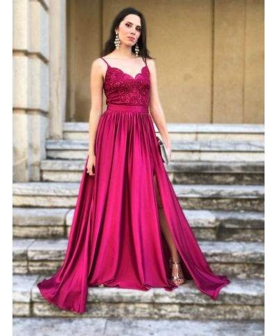 Vestito lungo con spacco - Corpetto decorato - Bordò