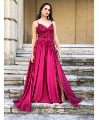 Vestito lungo con spacco - Corpetto decorato - Bordò