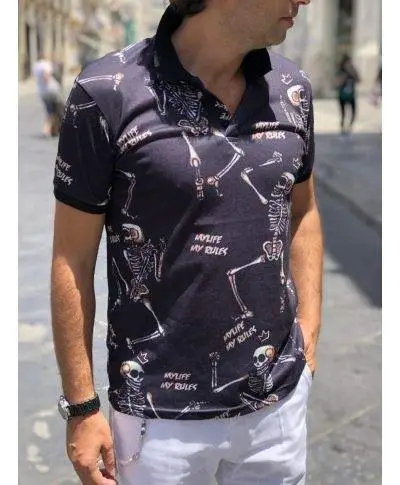 Polo uomo - Nera - Fantasia con teschi