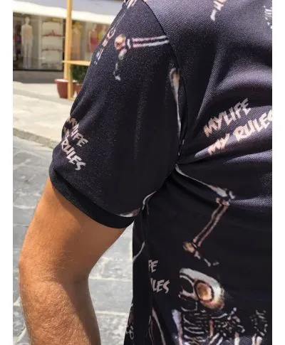 Polo uomo - Nera - Fantasia con teschi