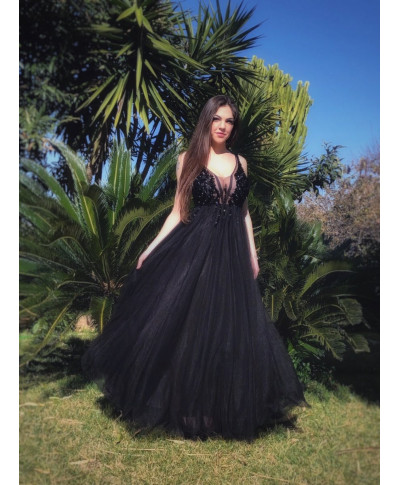 Abito elegante donna - Vestito nero per cerimonia - Romantico