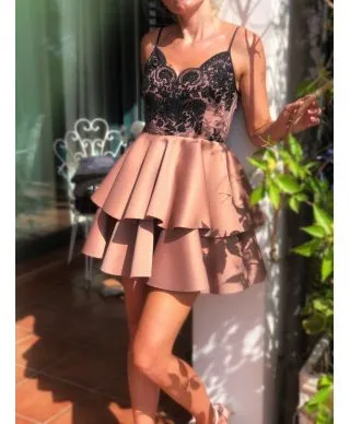 Vestito corto elegante - A palloncino - Beige e nero