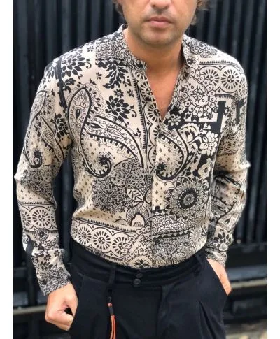 Camicia uomo fantasia, bandana beige nero - Manica lunga