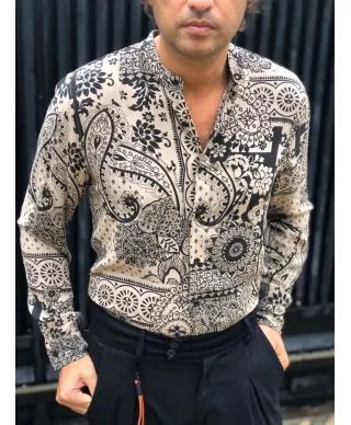 Camicia uomo fantasia, bandana beige nero - Manica lunga