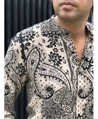 Camicia uomo fantasia, bandana beige nero - Manica lunga