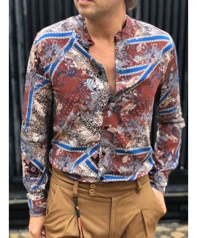 Camicia coreana - Fantasia marrone e blu - Viscosa