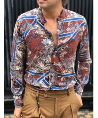 Camicia coreana - Fantasia marrone e blu - Viscosa