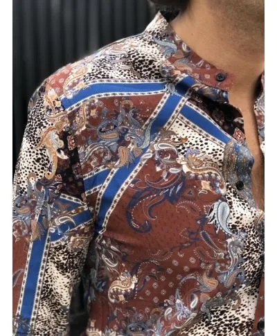 Camicia coreana - Fantasia marrone e blu - Viscosa