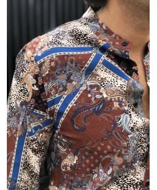 Camicia coreana - Fantasia marrone e blu - Viscosa