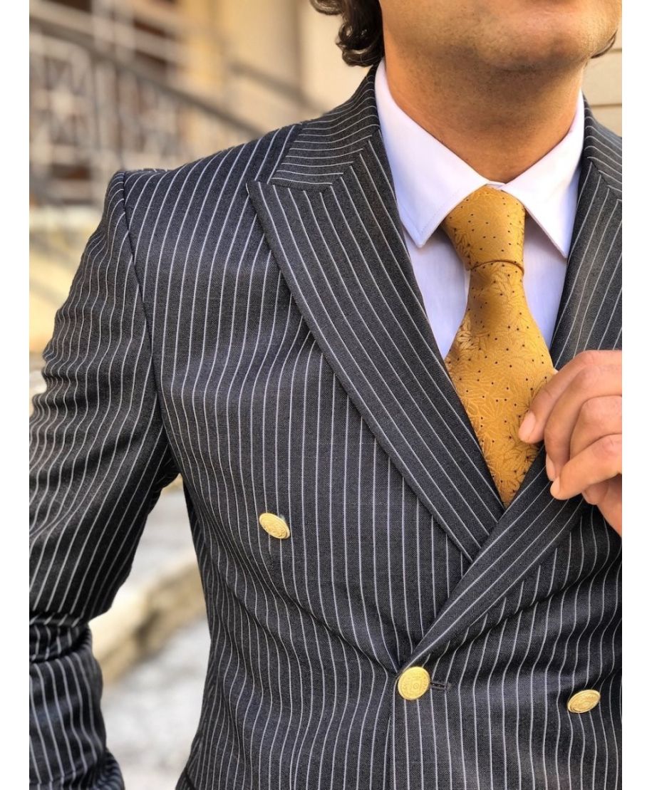 Abito Uomo Elegante Doppiopetto Slim Fit - Completo Estivo Con Bottoni Oro, Per Cerimonie E Matrimoni