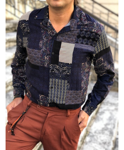 Camicia fantasia, uomo - Blu - Collo Italiano