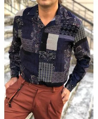 Camicia fantasia, uomo - Blu - Collo Italiano