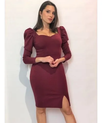 Vestito corto bordeaux - Tubino - Maniche a sbuffo