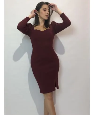 Vestito corto bordeaux - Tubino - Maniche a sbuffo