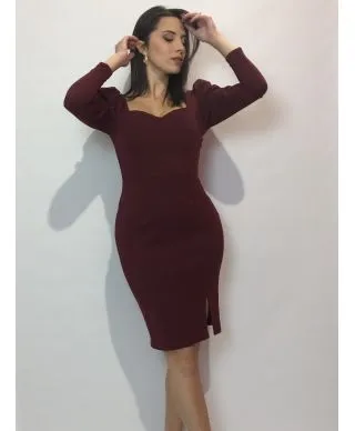 Vestito corto bordeaux - Tubino - Maniche a sbuffo