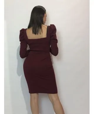 Vestito corto bordeaux - Tubino - Maniche a sbuffo