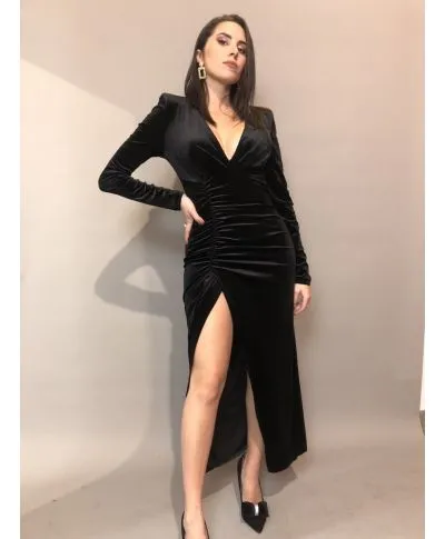 Vestito lungo, nero - In velluto - Con spacco