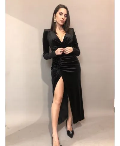 Vestito lungo, nero - In velluto - Con spacco