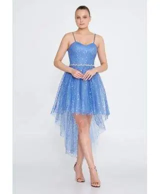 Vestito corto elegante - Azzurro - Con coda