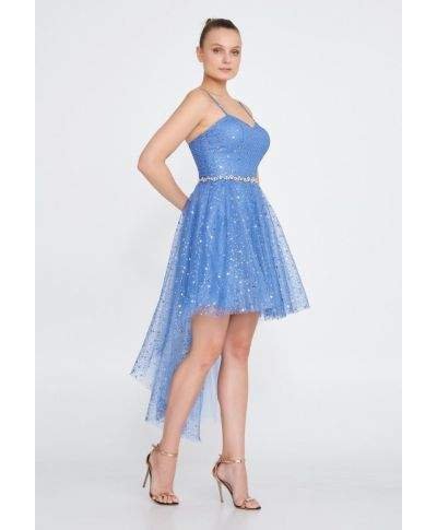 Vestito corto elegante - Azzurro - Con coda