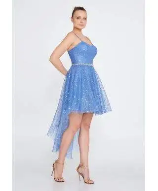 Vestito corto elegante - Azzurro - Con coda