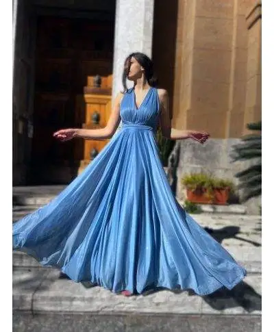 Vestito elegante, lungo - Azzurro - Glitterato