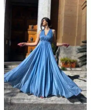 Vestito elegante, lungo - Azzurro - Glitterato