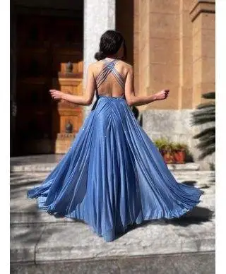 Vestito elegante, lungo - Azzurro - Glitterato