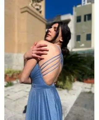 Vestito elegante, lungo - Azzurro - Glitterato